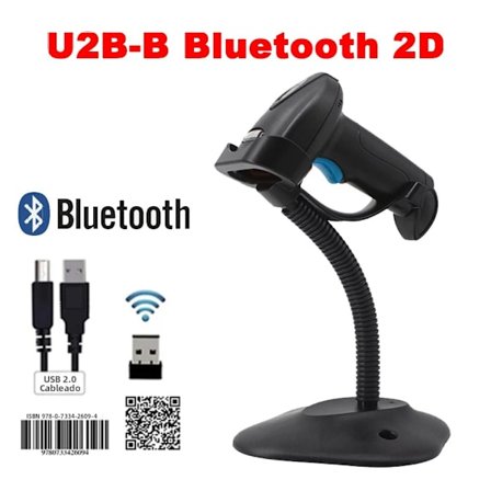 U2B-B Bluetooth 1D/2D med stativ (blå knap), bærbar stregkodelæser, Bluetooth-forbindelse, 2D trådløs scanner, håndholdt 1D stregkodelæser