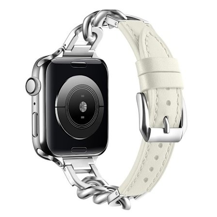 Klockarmband Apple Watch Series 49 mm - 45 mm - 44 mm - 42 mm armband i äkta koskinn - Beige + Silver