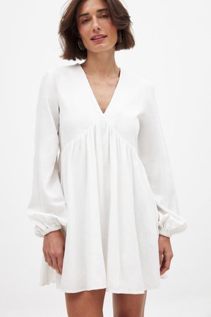 NA-KD Robe courte fluide en lin mélangé à manches longues - Robes en lin - Blanc - EU 34