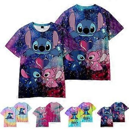 Disney Lilo og Stitch 3D-trykket Barn Gutter Jenter Tegneserie Løstsittende Sommer Korte Ermer T-skjorte Topper (7-8 år E)