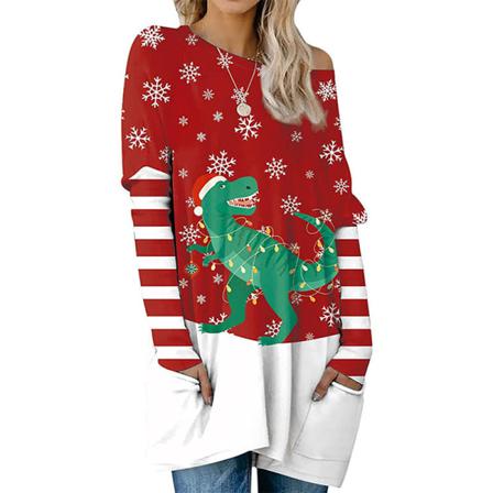 Kvinnor Långärmad Xmas T-shirt Med Rund Hals Med Fickor