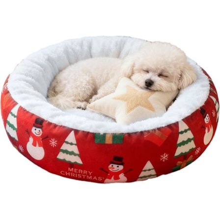 Juleseng til kæledyr, rund, feriedesign, hyggelig plys måtte til katte, hunde, små dyr, rød, 45x45 cm