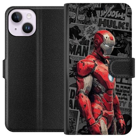 Kompatibelt Lommeboketui til Apple Apple iPhone 15 Iron Man helt kunst i tegneseriestil, rød metallrustning mot grå bakgrunn, kraftig og moderne mot