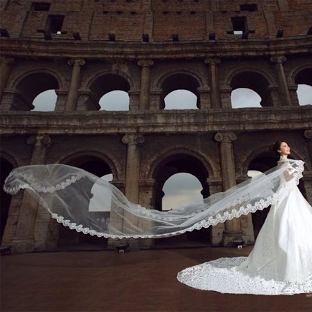 Brude Slør med Blonder Kanter Bølge Bryllup Slør Lang 5 Meter Elegant