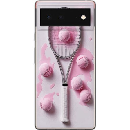 Kompatibel Mobilcover til Google Google Pixel 6 Rosa glaskugler og tennisketsjer i et kreativt stillbillede med legende popfølelse og moderne design,