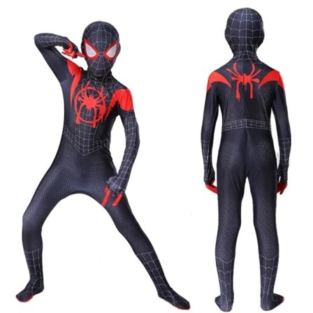 Barn Miles Morales kostyme Spiderman Cosplay Jumpsuit svart 140CM