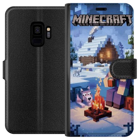 Kompatibelt Plånboksfodral till Samsung Samsung Galaxy S9 Minecraft vintermotiv med Steve, varg, lägereld och snöig stuga spelinspirerad illustrati