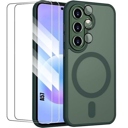 Cover til Samsung Galaxy A57 5G, med magnetisk cirkel kamera glas - Natgrøn - 2 hærdede glas