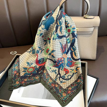 100% Mulberry Silke 27-tommer firkantet tørklæde, damehalsklud/sjal/hovedtørklæde, blomster- og fuglemønster