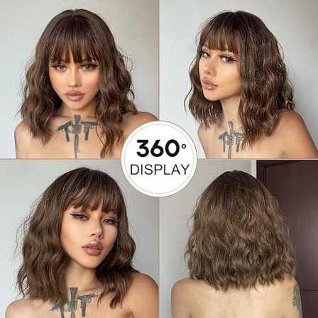 14" BOB Brun Krøllet Paryk Til Kvinder Bølget Syntetisk Paryk Med Pandehår Hverdag