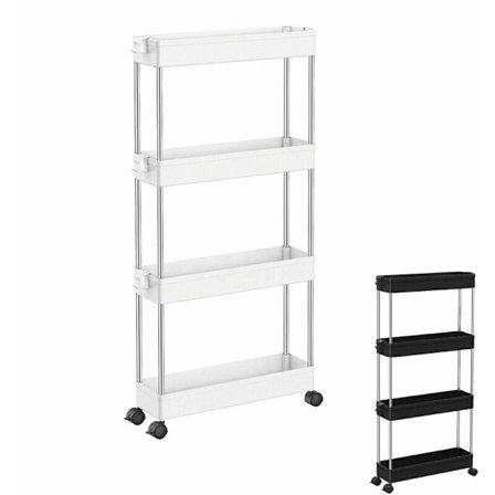 Rullebord, smal opbevaringsvogn på hjul 4 hylder Hvid
