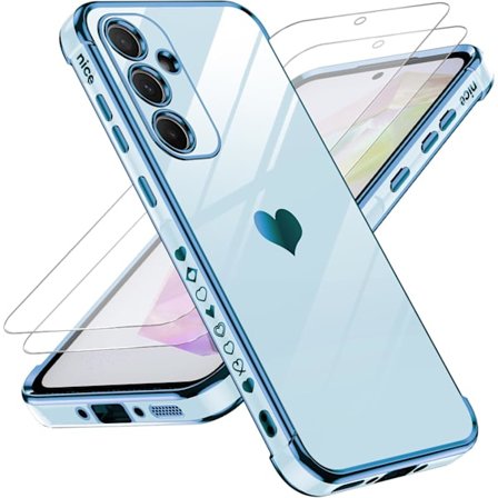 Uusin 2025 malli Kotelo Samsung Galaxy A55 5G -matkapuhelimelle, jossa 2 x suojakalvoa, söpö sydänkuvio TPU-silikoni galvanointi