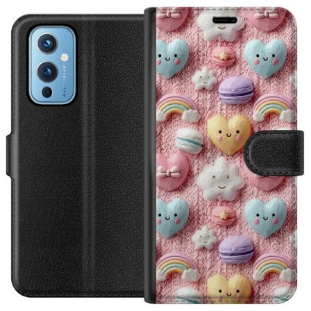 Kompatibelt Lommeboketui til OnePlus 9 Pastellmotiv med hjerter, skyer, regnbuer og makroner mot rosa bakgrunn i en søt drømmende stil.
