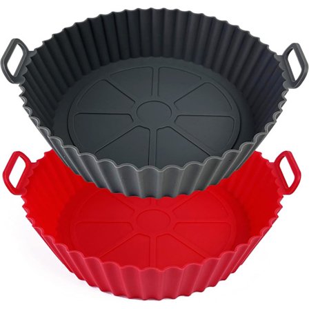 Airfryer Silikoninnlegg Sett med 2 Airfryer Innlegg Gryte Gjenbrukbare Silikoninnlegg for Matlaging, Baking (Grå+Rød)