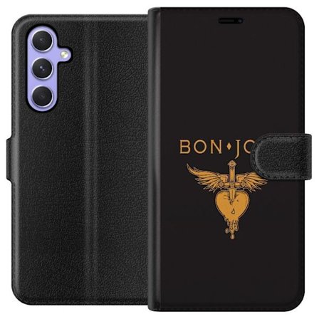 Kompatibelt Plånboksfodral till Samsung Galaxy A54 Ikonisk musikillustration med bevingat hjärta och dolk i guldtoner på mörk bakgrund, kraftfull