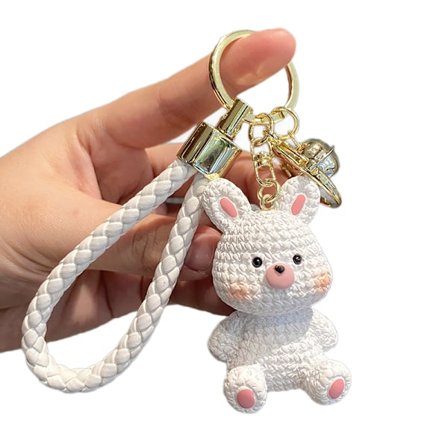 Nøkkelring med ullent dyr i resin, veskeanheng - Hvit kanin