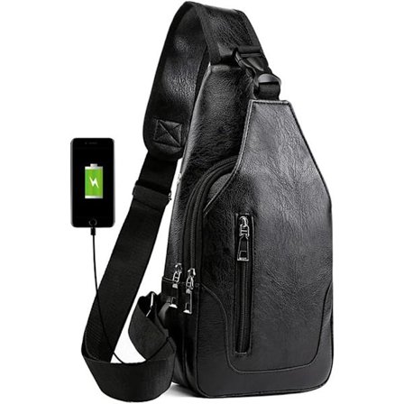 Nahkainen olkalaukku, miesten olkalaukku/rintalaukku/slingback-reppu USB-latausportilla (musta) [GKS]