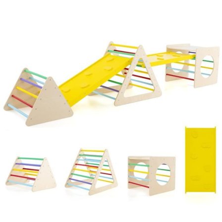 COSTWAY 5 i 1 Montessori-klättringstriangel: klättring, klättring, rutschkanor, tunnlar och glidning för barn, 2 vändbara ramper