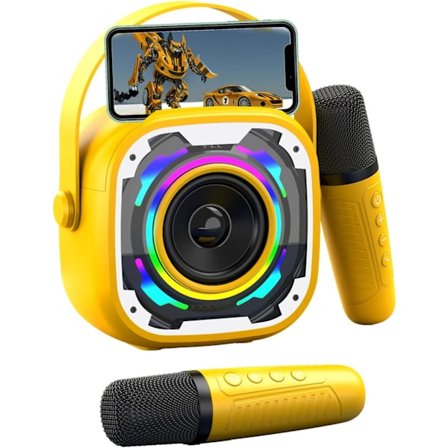 Mini Karaoke-maskin för barn, Bluetooth-högtalare med 2 mikrofoner, Barnpresenter (gul)