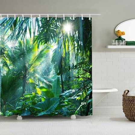 Skogsgrön duschdraperi 180 x 200 cm bananblad duschdraperi tropisk djungel palmblad med 12 vattentäta polyesterkrokar och mögelresistent