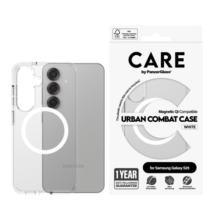 PanzerGlass CARE Galaxy S25 Urban Combat Qi deksel (hvit) Slank design, glatt grep, Qi-kompatibel, laget av resirkulert materiale