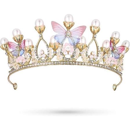 Kristallitiara helmikoristeinen pääpanta prinsessa asu kruunu pääpanta, perhostiara kruunu