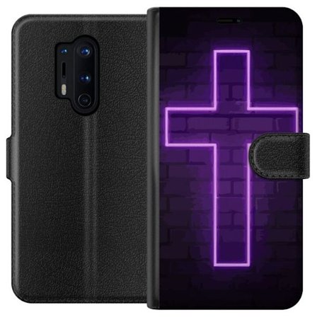 Yhteensopiva Lompakkokotelo OnePlus OnePlus 8 Pro Neonristi purppuranvalossa tummaa tiiliseinää vasten, symbolinen motiivi vahvalla hohto moderni es