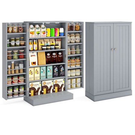 Køkkenskab 104CM COSTWAY, Døre med 180° Åbning, Justerbare Hylder, Tip-sikkerheds Kit, til Spisestue Stue, Grå