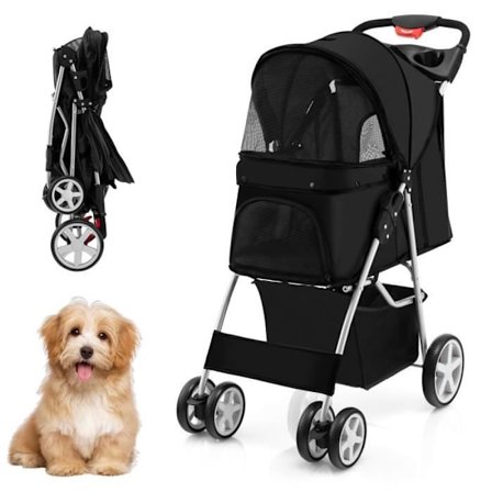 COSTWAY kokoontaitettava Pet Buggy -rattaat, 4 pyörää, 15 kg:n kissa-/koiravaunu, jossa on mukiteline ja säilytyskori, musta