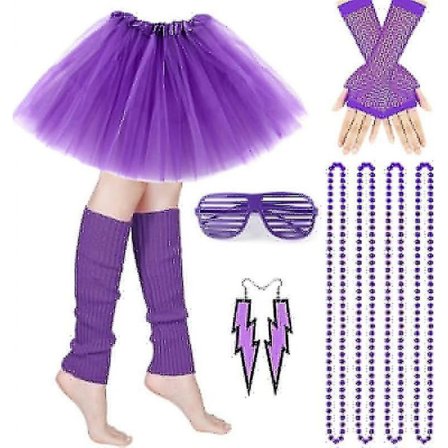 1 set, 80-tals utklädningsdräkt, 1980-tals utklädningsfestset för vuxna Tutu-kjol med benvärmare Fishnet-handskar Neonhalsband Bead Lighting-örhängen 