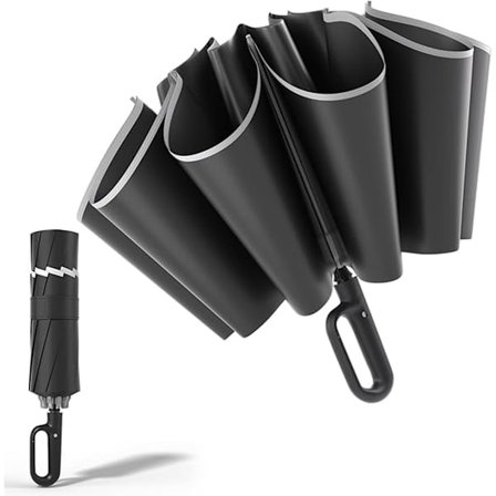 Vind- og sne paraply, rejseparaply, let at folde, med karabinhage, stærkt greb, regn-/sne-/UV-bestandig, 10 ribber, stjernenat sort