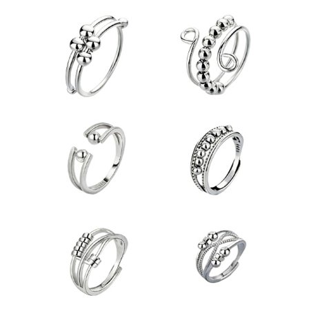 Fidget-Ringar För Ångestlindring, Justerbara Ringar Set, Justerbara Ringar, Fidgetringar Dampärlband, Anti-Stressring, Silver Roterande Ring