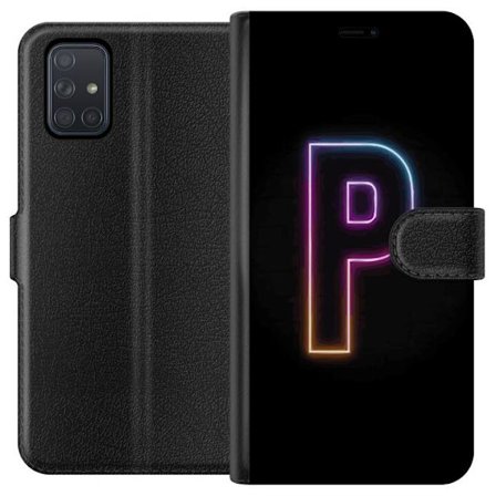 Kompatibel Tegnebogsetui til Samsung Samsung Galaxy A71 Minimalistisk neonbogstav P i farvegradient og lyseffekt mod sort baggrund i digital neonstil
