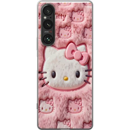 Kompatibelt Mobildeksel til Sony Xperia 1 V Hello Kitty rosa fluffy bakgrunn med ikoniskt ansikt og kawaii-estetikk
