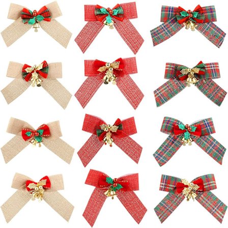 12 stk julebåndsløyfer, båndsløyfer med bjeller til juletrær