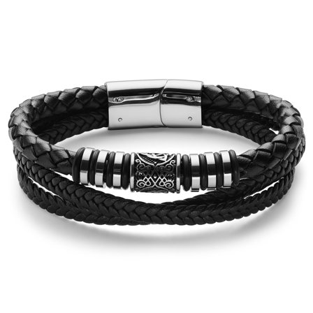 Bracelet en simili cuir et acier inoxydable avec boussole viking argenté pour hommes - Bracelets en cuir