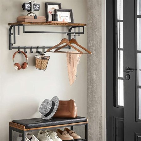 Veggmontert klesstativ med hylle, 5 kroker og opphengsskinne - Rustikk brun/Svart