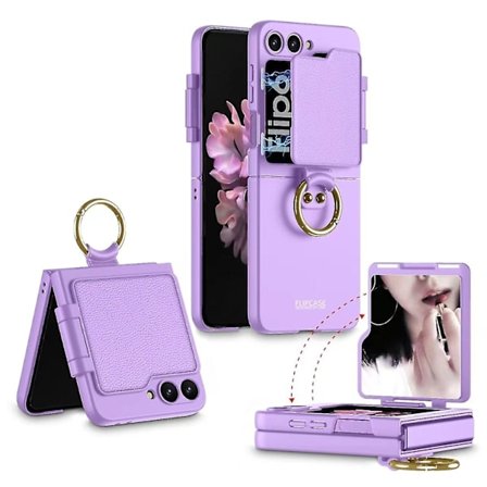 Til Samsung Galaxy Z Flip 6 Etui, Ultra Tyndt Slim PC Stødsikkert Cover med Magnetisk Makeup Spejl Kamera Linse Beskyttelse & Ring