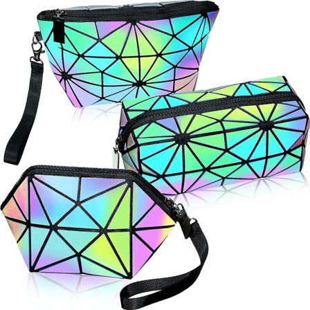 3 kpl meikkipusseja naisille, kannettava matkakosmetiikkalaukku järjestäjäkotelo rannehihnan kanssa Toiletry Bags Luminous Geometric And Reflective 