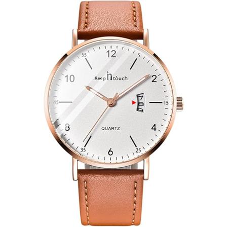 Herreklokke Vannresistent Analog Kvartsklokke for Menn Casual Lysende Klokke Enkelt Design Armbåndsur Dato Kalender Klokker, Hvit Brun, L