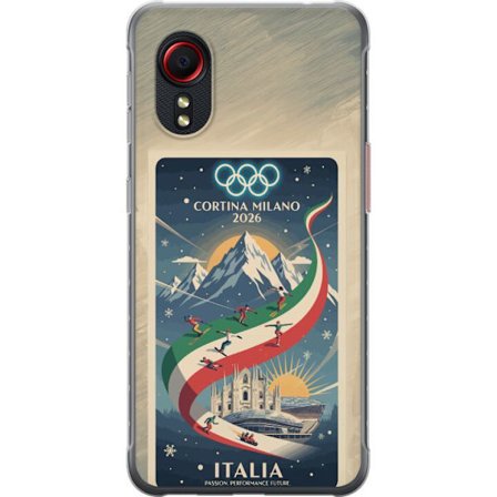 Yhteensopiva Puhelinkuori Samsung Galaxy Xcover 5 Mäkihyppykuvitus, jossa hiihtäjä tähtää kiväärillä lumisella radalla, teksti Milano Cortina 2026 ja