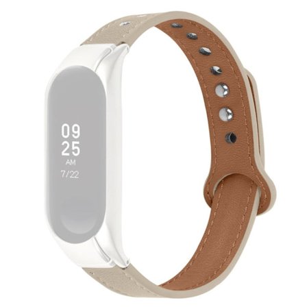 Xiaomi Mi Smart Band 4 / 3 klockarmband i koskinnläder med silverfodral - Elfenben Vit