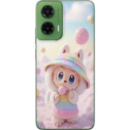 Kompatibel Mobilcover til Motorola Moto G35 Regnbuedrømmenes Pastell Design blød drømmende stil med sød figur i regnbueklær og lyse skyer i baggrunde