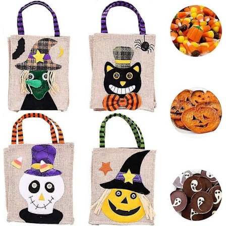 2025 Halloween Godis Present Handväska, 4st Halloween Party Linne Söta Godis Snacks Väska för Barn Halloween Party Tillbehör Gåva