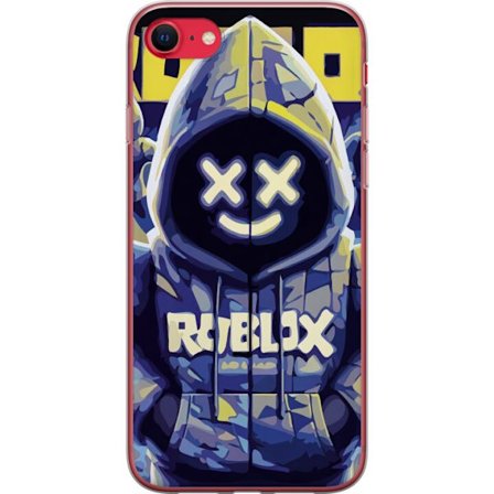 Kompatibelt Mobildeksel til Apple Apple iPhone 7 Blågul Roblox hettegenserfigur med minimalistisk neonstil og masket ansikt, moderne spillillustrasjo