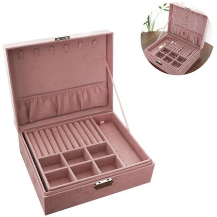 Naisten korurasia, 2 kerrosta, suuri lukittava koruteline korvakoruille ja kaulakoruille, vaaleanpunainen