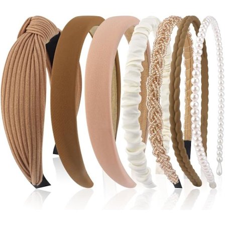 Et sæt med 7 hårbøjler til kvinder, i forskellige størrelser, med perler, til både piger og kvinder (brune toner).