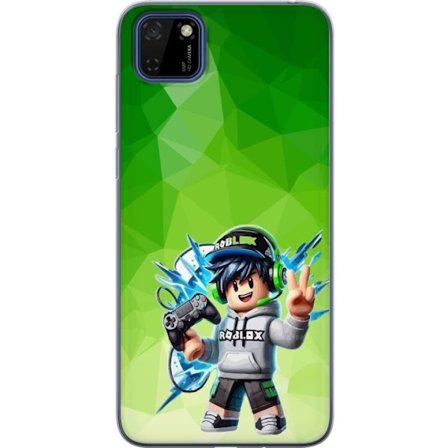 Yhteensopiva Puhelinkuori Huawei Y5p Roblox-inspiroitu pelaajahahmo, jossa on kuulokkeet, ohjain ja energiset efektit vihreää taustaa vasten