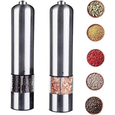 Automatisk pepparkvarn och saltkvarn, elektriska kvarnar, hållbart rostfritt stål, justerbar kornstorlek
