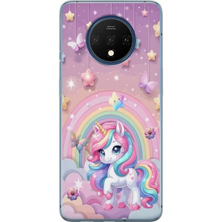 Kompatibel Mobilcover til OnePlus 7T Magisk enhjørning med regnbue manke, stjerner og sommerfugle mod en pastelfarvet himmel med skyer